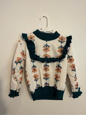 Amazon Cream Floral Ruffle Sweater with Green Trim
